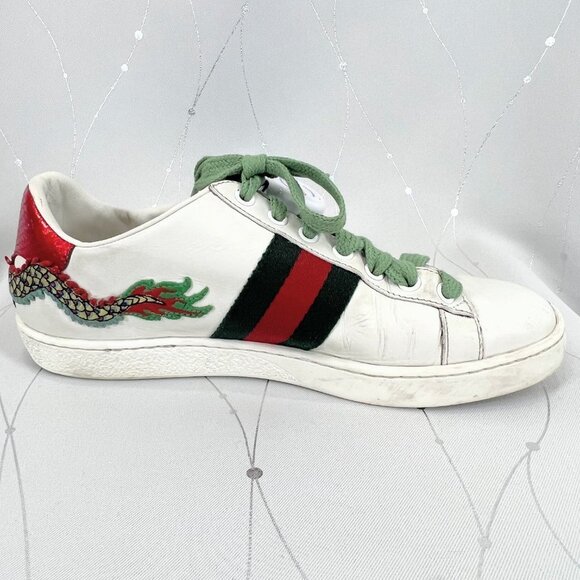 Gucci White Sneakers with Green Laces and Dragon Embroidery - Picture 9 of 14